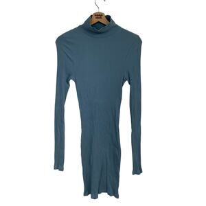 Free People Ribbed Long Sleeve Turtleneck Mini Dress in Blue SZ LARGE Stretch